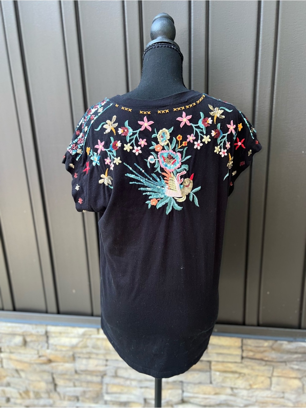 Embroidered Floral & Bird Black Women's Top - Picture 5 of 7